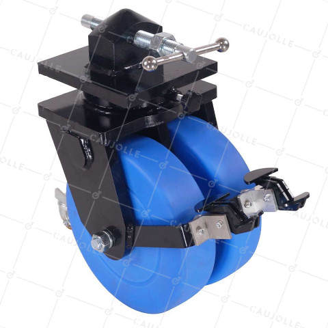 Rotante DE CONTENEDOR DE NYLON AZUL DOBLE 305 MM CARGA EXTREMA 10000 KG HORQUILLA REFORZADA - SERIE CENTAURO • Caujolle