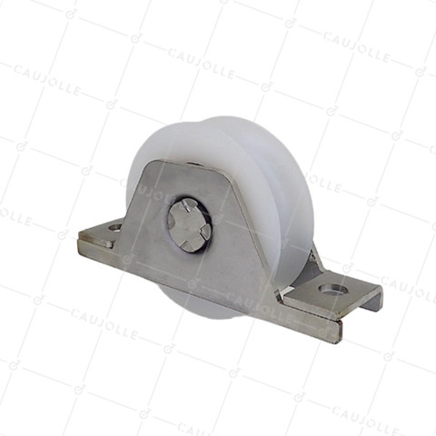 MONTURA PARA PUERTA EMPOTRADA CON Rueda DE DIÁMETRO 80MM EN NYLON CON Canal REDONDA DE 20MM Y MONTURA EN INOX CARGA 650KG - MTSPE GR80 NYLON INOX • Caujolle