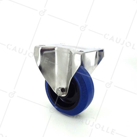 RUEDA DE ACERO INOXIDABLE Y CAUCHO ELÁSTICO, FIJA, DE 100 MM DE DIÁMETRO Y CARGA DE 150KG. • Caujolle