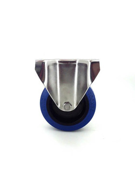 RUEDA DE ACERO INOXIDABLE Y CAUCHO ELÁSTICO, FIJA, DE 100 MM DE DIÁMETRO Y CARGA DE 150KG.