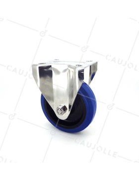 RUEDA DE ACERO INOXIDABLE Y CAUCHO ELÁSTICO, FIJA, DE 125 MM DE DIÁMETRO Y CARGA DE 150KG. • Caujolle
