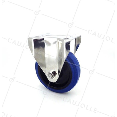 RUEDA DE ACERO INOXIDABLE Y CAUCHO ELÁSTICO, FIJA, DE 125 MM DE DIÁMETRO Y CARGA DE 150KG. • Caujolle