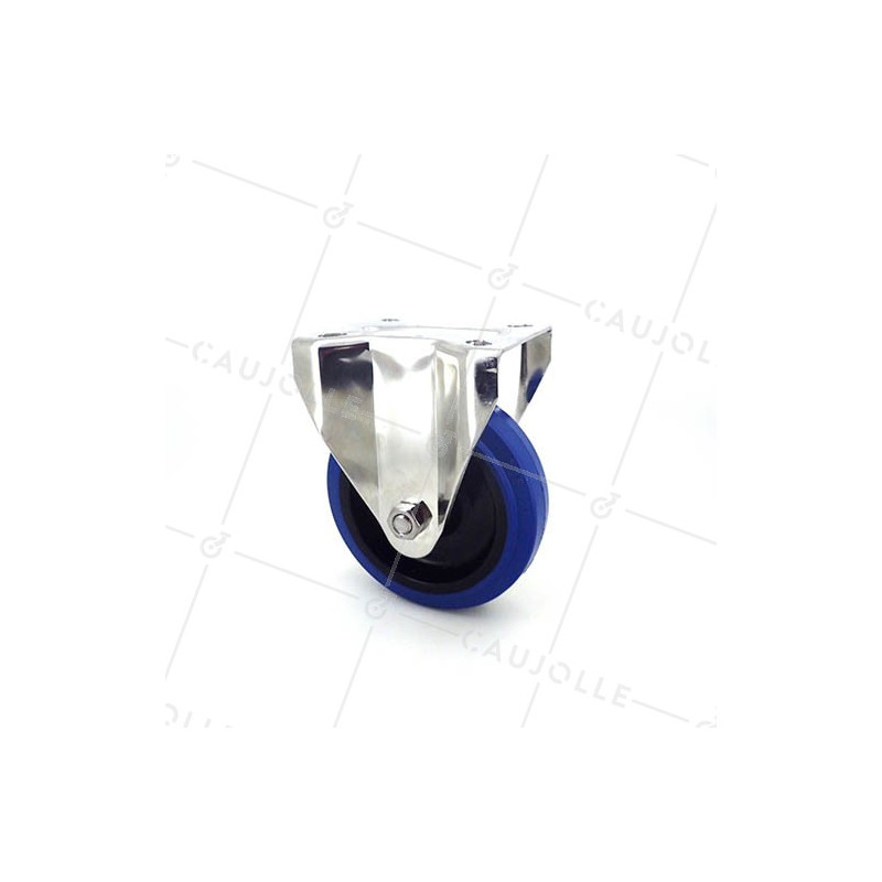 RUEDA DE ACERO INOXIDABLE Y CAUCHO ELÁSTICO, FIJA, DE 125 MM DE DIÁMETRO Y CARGA DE 150KG.