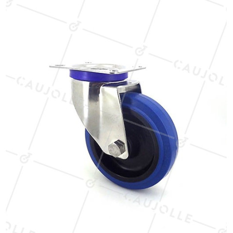 RUEDA DE ACERO INOXIDABLE Y CAUCHO ELÁSTICO, DE 125 MM DE DIÁMETRO Y CARGA DE 150KG. • Caujolle