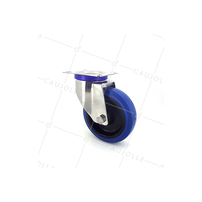 RUEDA DE ACERO INOXIDABLE Y CAUCHO ELÁSTICO, DE 125 MM DE DIÁMETRO Y CARGA DE 150KG.