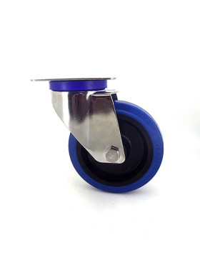 RUEDA DE ACERO INOXIDABLE Y CAUCHO ELÁSTICO, DE 125 MM DE DIÁMETRO Y CARGA DE 150KG.