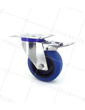 RUEDA DE ACERO INOXIDABLE Y CAUCHO ELÁSTICO CON FRENO, DIÁMETRO DE 100 MM Y CARGA DE 150 KG-S2NS 100AF • Caujolle