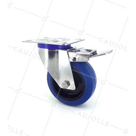 RUEDA DE ACERO INOXIDABLE Y CAUCHO ELÁSTICO CON FRENO, DIÁMETRO DE 100 MM Y CARGA DE 150 KG-S2NS 100AF • Caujolle