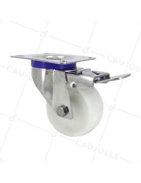 RUEDA DE ACERO INOXIDABLE Y NAILON, GIRATORIA, CON FRENO, DIÁMETRO 80 MM, CAPACIDAD DE CARGA 150 KG • Caujolle