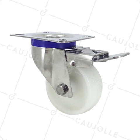 RUEDA DE ACERO INOXIDABLE Y NAILON, GIRATORIA, CON FRENO, DIÁMETRO 80 MM, CAPACIDAD DE CARGA 150 KG • Caujolle