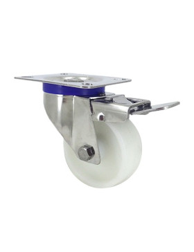 RUEDA DE ACERO INOXIDABLE Y NAILON, GIRATORIA, CON FRENO, DIÁMETRO 80 MM, CAPACIDAD DE CARGA 150 KG