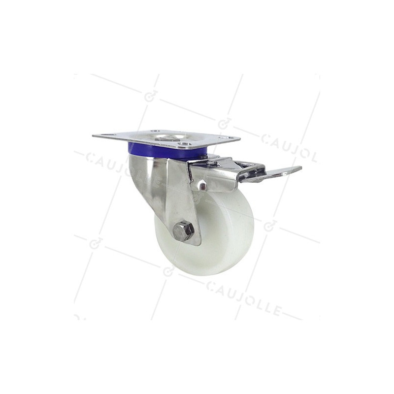 RUEDA DE ACERO INOXIDABLE Y NAILON, GIRATORIA, CON FRENO, DIÁMETRO 80 MM, CAPACIDAD DE CARGA 150 KG