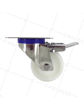 RUEDA DE ACERO INOXIDABLE Y NAILON, GIRATORIA, CON FRENO, DIÁMETRO 80 MM, CAPACIDAD DE CARGA 150 KG
