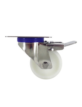 RUEDA DE ACERO INOXIDABLE Y NAILON, GIRATORIA, CON FRENO, DIÁMETRO 80 MM, CAPACIDAD DE CARGA 150 KG