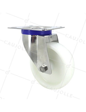 RUEDA DE ACERO INOXIDABLE Y NAILON, GIRATORIA, DIÁMETRO 100 MM, CAPACIDAD DE CARGA 150 KG • Caujolle