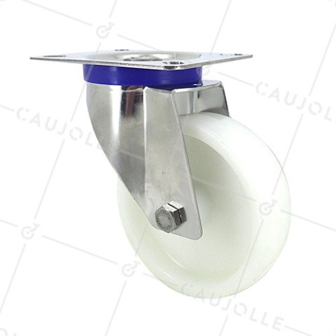 RUEDA DE ACERO INOXIDABLE Y NAILON, GIRATORIA, DIÁMETRO 100 MM, CAPACIDAD DE CARGA 150 KG • Caujolle