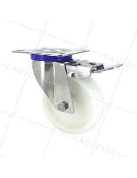 RUEDA DE ACERO INOXIDABLE Y NAILON, GIRATORIA, CON FRENO, DIÁMETRO 100 MM, CAPACIDAD DE CARGA 150 KG • Caujolle