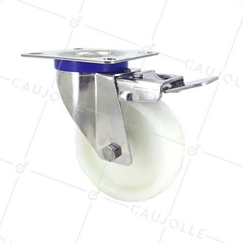 RUEDA DE ACERO INOXIDABLE Y NAILON, GIRATORIA, CON FRENO, DIÁMETRO 100 MM, CAPACIDAD DE CARGA 150 KG • Caujolle