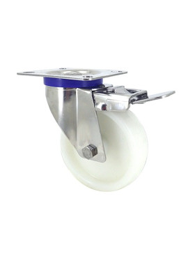 RUEDA DE ACERO INOXIDABLE Y NAILON, GIRATORIA, CON FRENO, DIÁMETRO 100 MM, CAPACIDAD DE CARGA 150 KG