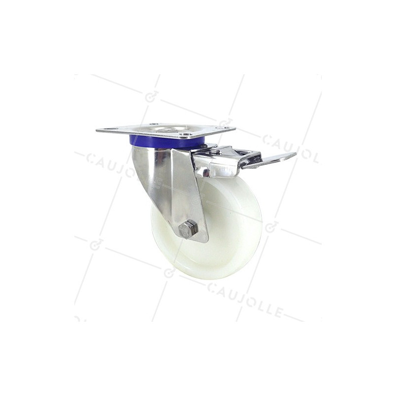 RUEDA DE ACERO INOXIDABLE Y NAILON, GIRATORIA, CON FRENO, DIÁMETRO 100 MM, CAPACIDAD DE CARGA 150 KG