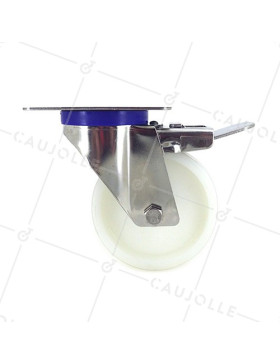 RUEDA DE ACERO INOXIDABLE Y NAILON, GIRATORIA, CON FRENO, DIÁMETRO 100 MM, CAPACIDAD DE CARGA 150 KG