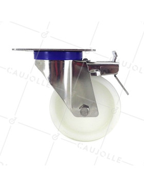 RUEDA DE ACERO INOXIDABLE Y NAILON, GIRATORIA, CON FRENO, DIÁMETRO 100 MM, CAPACIDAD DE CARGA 150 KG