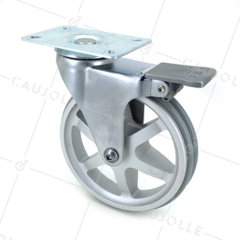 RUEDA DE DISEÑO CON FRENO DE ALUMINIO GRIS CON UN DIÁMETRO DE 125 MM CARGA 70 KG - ALUSTYL125PAF • Caujolle