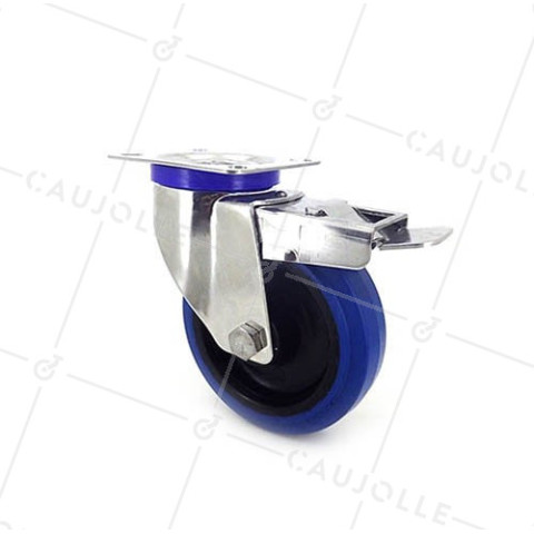 RUEDA DE ACERO INOXIDABLE Y CAUCHO ELÁSTICO CON FRENO, 125 MM DE DIÁMETRO Y CARGA DE 150 KG. • Caujolle