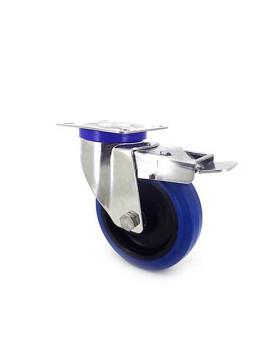 RUEDA DE ACERO INOXIDABLE Y CAUCHO ELÁSTICO CON FRENO, 125 MM DE DIÁMETRO Y CARGA DE 150 KG.