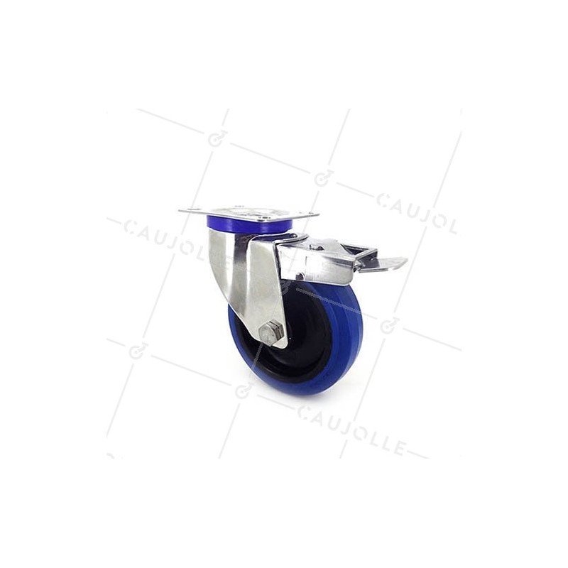 RUEDA DE ACERO INOXIDABLE Y CAUCHO ELÁSTICO CON FRENO, 125 MM DE DIÁMETRO Y CARGA DE 150 KG.