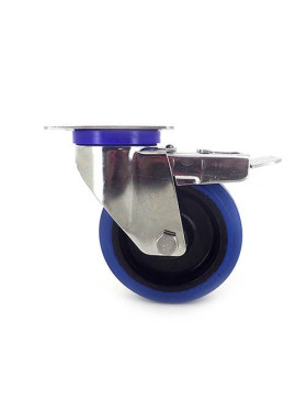 RUEDA DE ACERO INOXIDABLE Y CAUCHO ELÁSTICO CON FRENO, 125 MM DE DIÁMETRO Y CARGA DE 150 KG.