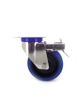 RUEDA DE ACERO INOXIDABLE Y CAUCHO ELÁSTICO CON FRENO, 125 MM DE DIÁMETRO Y CARGA DE 150 KG.