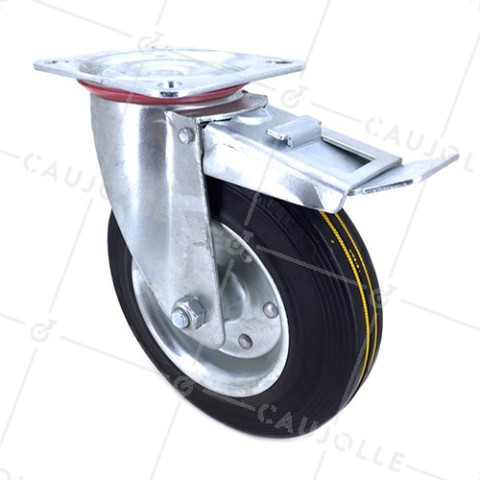 RUEDA CON FRENO REFORZADA DE MANIPULACIÓN DE CAUCHO CON 200 MM DE DIÁMETRO Y 250 KG DE CARGA - S72R 200AF • Caujolle