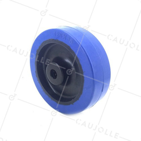 RUEDA INDUSTRIAL DE CAUCHO, FLEXIBLE, AZUL, NO MANCHA, DIÁMETRO DE 125 MM, CARGA DE 200 KG, EJE DE 12 MM RODILLOS • Caujolle