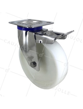 RUEDA DE ACERO INOXIDABLE Y NAILON, GIRATORIA, CON FRENO, DIÁMETRO 200 MM, CAPACIDAD DE CARGA 300 KG • Caujolle