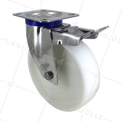 RUEDA DE ACERO INOXIDABLE Y NAILON, GIRATORIA, CON FRENO, DIÁMETRO 200 MM, CAPACIDAD DE CARGA 300 KG • Caujolle
