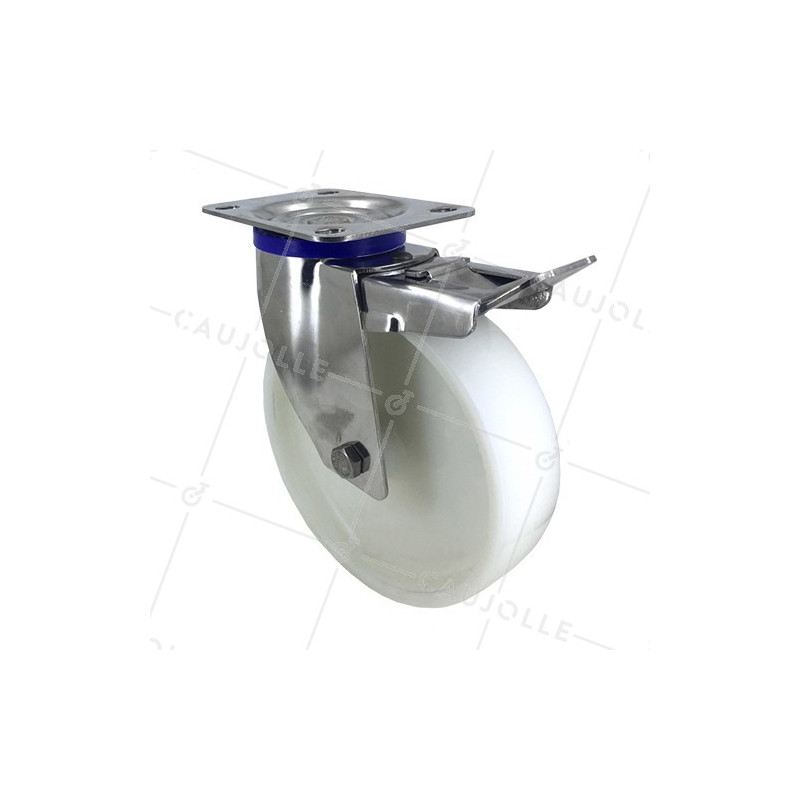 RUEDA DE ACERO INOXIDABLE Y NAILON, GIRATORIA, CON FRENO, DIÁMETRO 200 MM, CAPACIDAD DE CARGA 300 KG