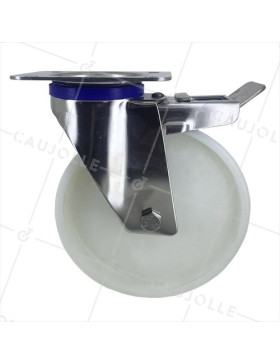 RUEDA DE ACERO INOXIDABLE Y NAILON, GIRATORIA, CON FRENO, DIÁMETRO 200 MM, CAPACIDAD DE CARGA 300 KG