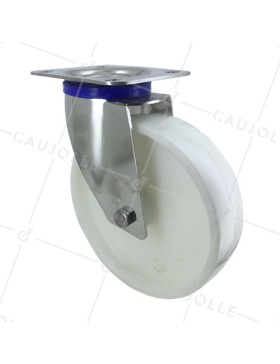 RUEDA DE ACERO INOXIDABLE Y NAILON, GIRATORIA, DIÁMETRO 200 MM, CAPACIDAD DE CARGA 300 KG • Caujolle