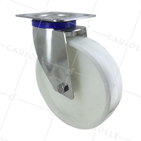 RUEDA DE ACERO INOXIDABLE Y NAILON, GIRATORIA, DIÁMETRO 200 MM, CAPACIDAD DE CARGA 300 KG • Caujolle