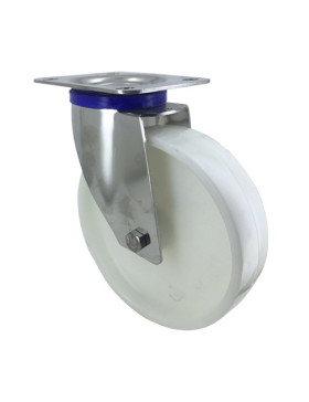 RUEDA DE ACERO INOXIDABLE Y NAILON, GIRATORIA, DIÁMETRO 200 MM, CAPACIDAD DE CARGA 300 KG