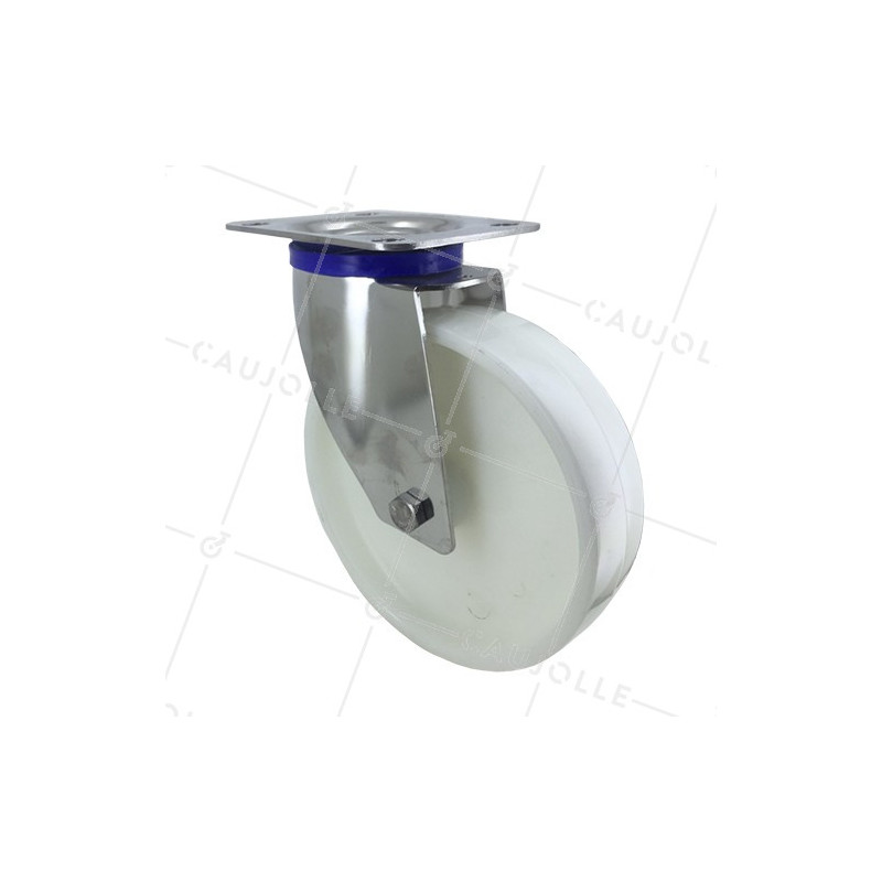 RUEDA DE ACERO INOXIDABLE Y NAILON, GIRATORIA, DIÁMETRO 200 MM, CAPACIDAD DE CARGA 300 KG