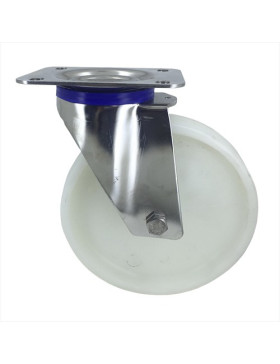 RUEDA DE ACERO INOXIDABLE Y NAILON, GIRATORIA, DIÁMETRO 200 MM, CAPACIDAD DE CARGA 300 KG
