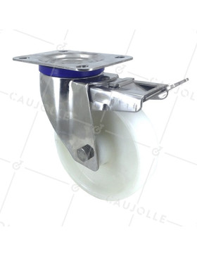 RUEDA DE ACERO INOXIDABLE Y NAILON, GIRATORIA, CON FRENO, DIÁMETRO 150 MM, CAPACIDAD DE CARGA 300 KG • Caujolle