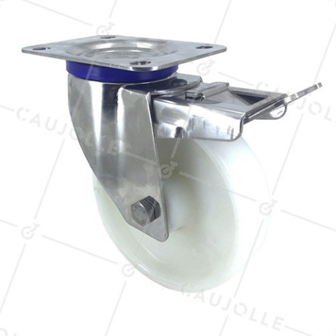 RUEDA DE ACERO INOXIDABLE Y NAILON, GIRATORIA, CON FRENO, DIÁMETRO 150 MM, CAPACIDAD DE CARGA 300 KG • Caujolle
