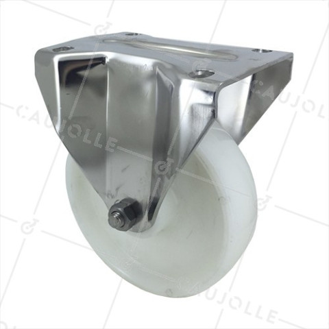 RUEDA DE ACERO INOXIDABLE Y NAILON, FIJA, 150 MM DE DIÁMETRO Y CARGA DE 150 KG • Caujolle