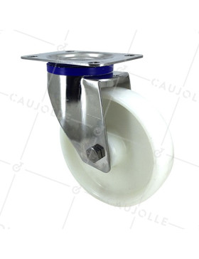 RUEDA DE ACERO INOXIDABLE Y NAILON, GIRATORIA, DIÁMETRO 150 MM, CAPACIDAD DE CARGA 300 KG • Caujolle
