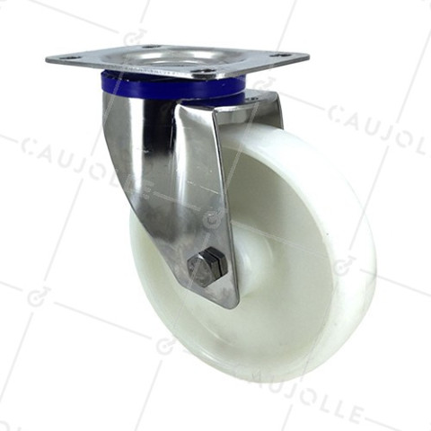 RUEDA DE ACERO INOXIDABLE Y NAILON, GIRATORIA, DIÁMETRO 150 MM, CAPACIDAD DE CARGA 300 KG • Caujolle