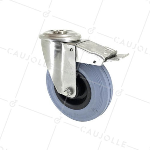 RUEDA CON AGUJERO PASANTE Y FRENO DE ACERO INOXIDABLE Y CAUCHO 125 MM DE DIÁMETRO CARGA 110 KG - INOX o 125C • Caujolle