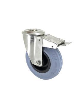 RUEDA CON AGUJERO PASANTE Y FRENO DE ACERO INOXIDABLE Y CAUCHO 125 MM DE DIÁMETRO CARGA 110 KG - INOX o 125C